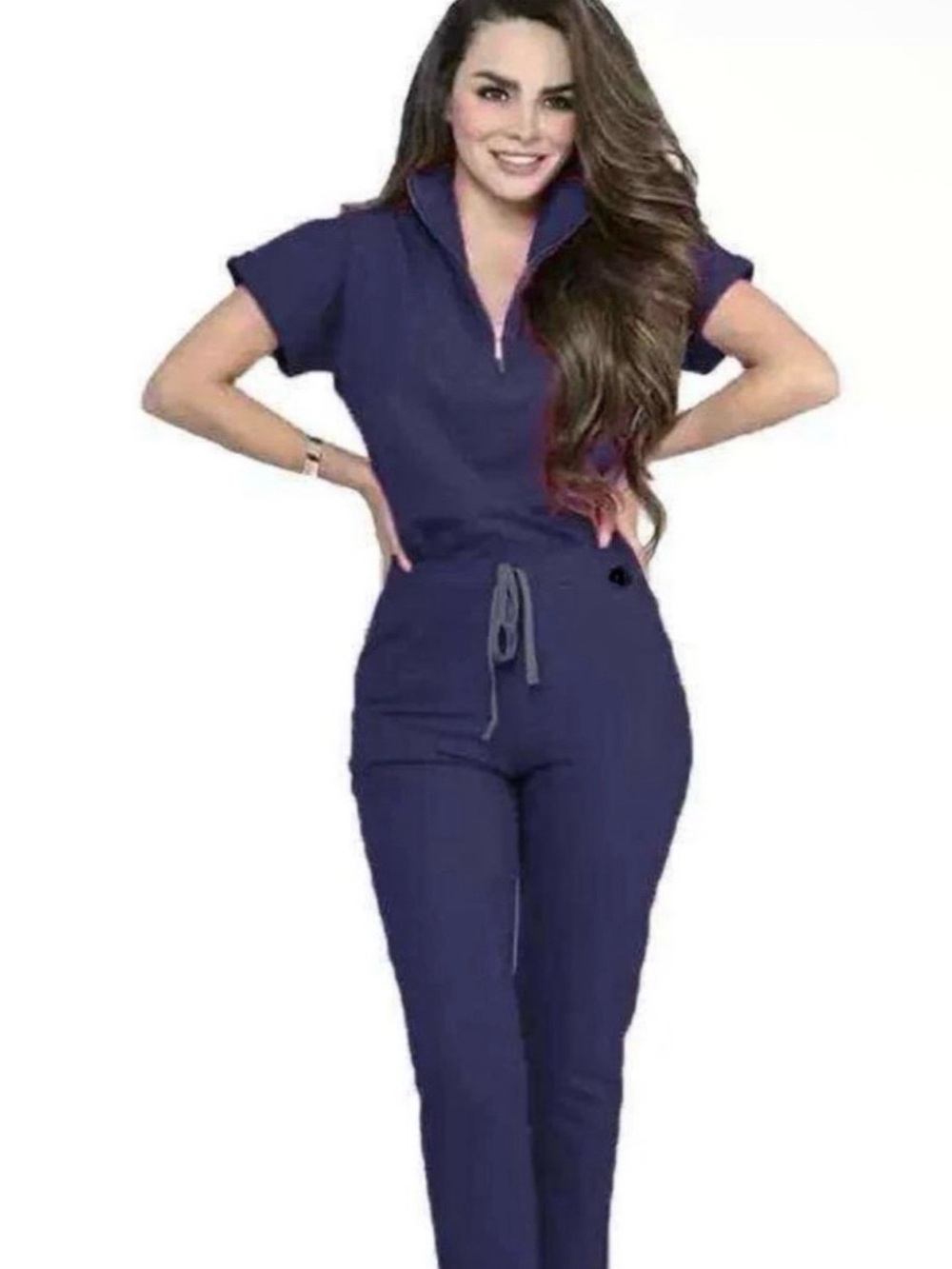 Short-Sleeve Navy Zip Front Scrub Set with Drawstring Waist
